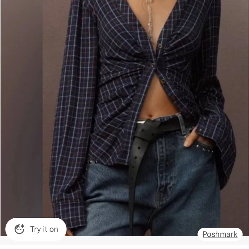 Pilcro Navy Plaid Button-Up Blouse xxs ruched front super comfy
